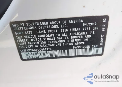 2012 Volkswagen Passat 2.5L S from USA, damaged, VIN 1VWAH7A35CC086775